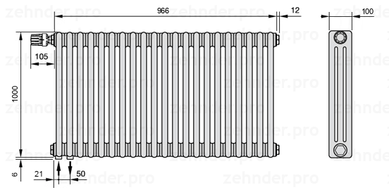 Схема (чертеж) Радиатор Zehnder Charleston 3100/21 №V001 Белый глянцевый RAL 9016